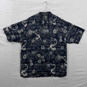 Tommy Bahama Silk Button Up Shirt Mens Medium Navy Blue Floral Scrollwork Print